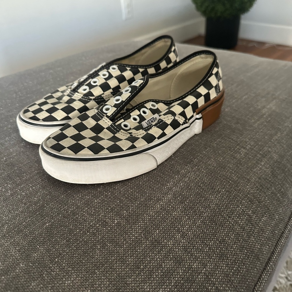 Vans Black and White Checkerboard Sneakers with Brown Accent